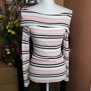 White House Black Market Off-Shoulder Striped Top - Black, White, Pink